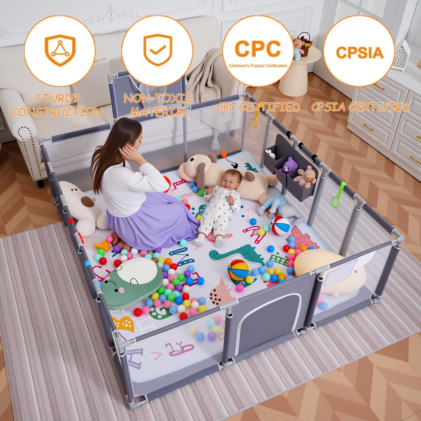 Baby playpen, 79"x71"Baby Playpen with Mat Indoor&Outdoor Playpen for Babies and Toddlers with Breathable Play Pen with Ocean Balls Hanging Pocket Basketball Hoop (Gray)