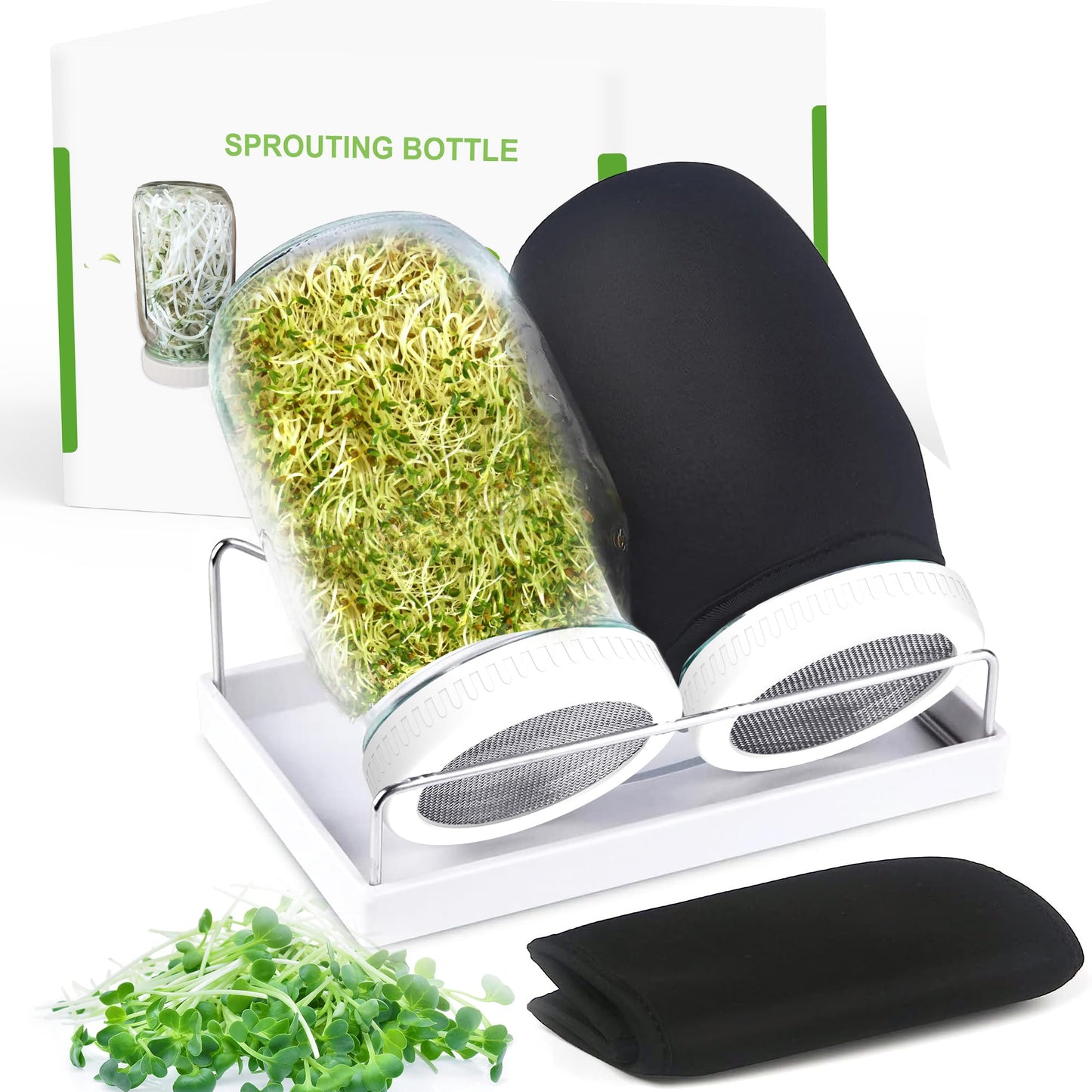 Organic Seed Sprouting Jar Kit â 2 Ã 32 oz Wide-Mouth Mason Jars with Stainless-Steel Sprouter Lids & Stand, Blackout Sleeves, Drain Tray â Grow Broccoli, Alfalfa & Bean Microgreens