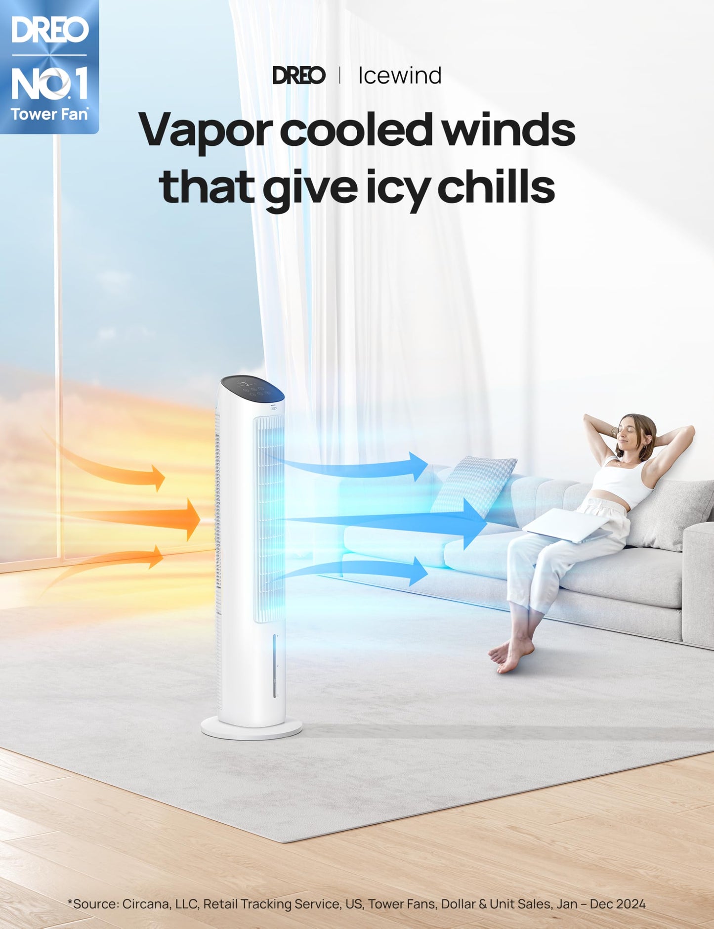 DREO Portable Air Conditioners Fan, 40” Standing Fans that Blow Cold Air, Portable AC,80° Oscillating Evaporative Air Cooler,Removable Water Tank, Ice Packs, Remote Control, 4 Speeds, 7H Timer, White