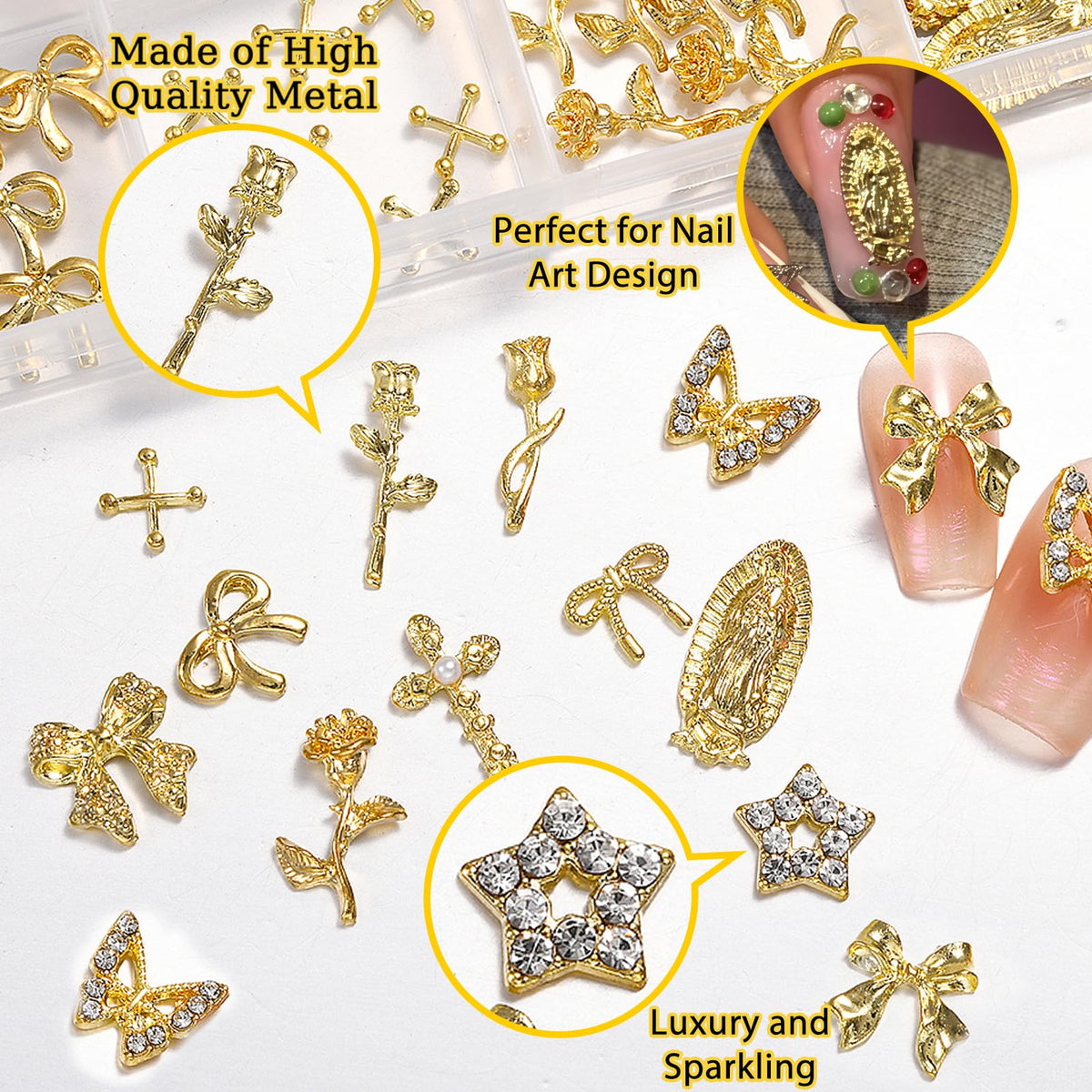 ZUMILLMN 96PCS 3D Nail Charms - Gold Alloy Bow, Rose,Butterfly,Cross,Star,Virgin Mary & Coin Charms, Shiny Nail Rhinestones for Nail Art, Manicure, DIY Jewelry Making(96pcs)