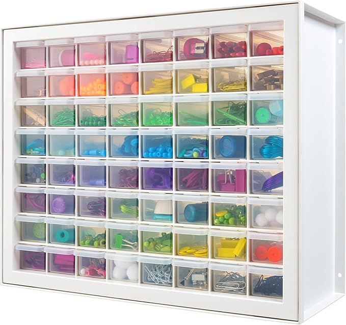 IRIS USA Small Parts Storage Cabinet, Made in USA, 64-Drawer Organizer Chest for Hardware, Screws, Nuts & Bolts, Charms, Beads, Craft Supplies, Scrapbook & Hobby Storage, Teacher Toolbox â White