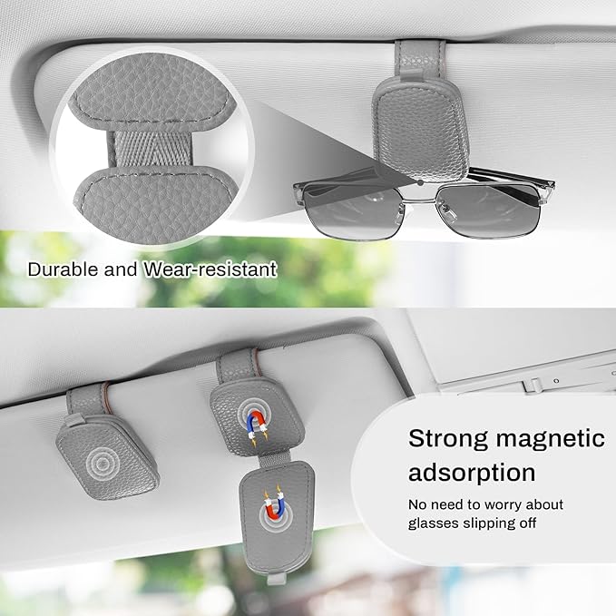 SINGARO Sunglasses Holder for Car, Leather Magnetic Buckle Sun Visor Sunglass Clip, Ticket Card Storage Glasses Clip, Car Interior Accessories for Men and Women(Gray)