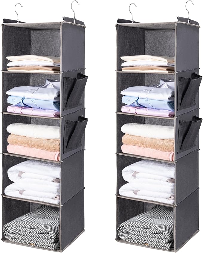 BOOMIBOO Hanging Closet Organize and Shelvesï¼5-Hanging Shelf with 2 Side Pocketsï¼Storage Foldable ï¼2 Pack ï¼Greyï¼