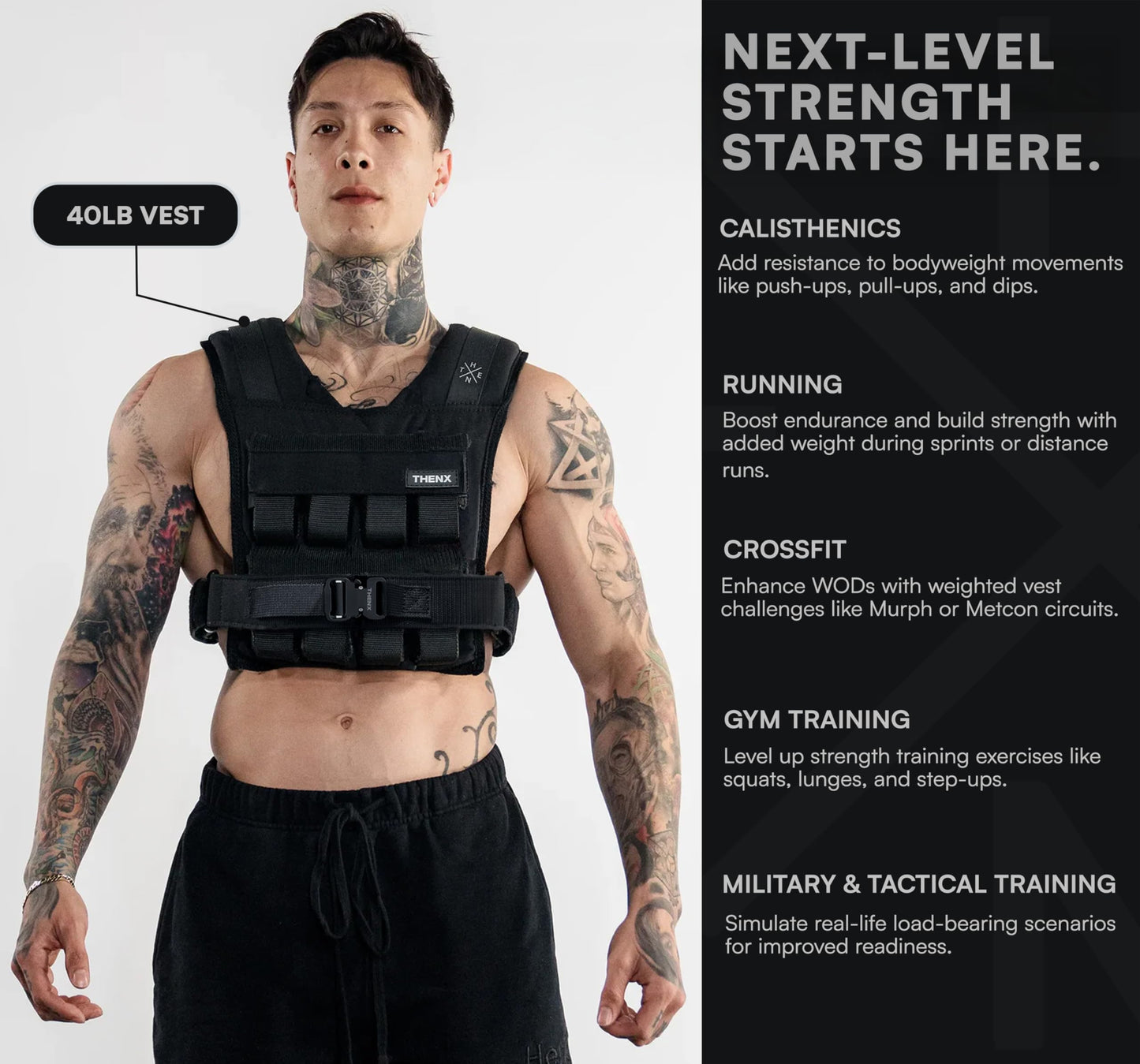 THENX Weighted Vest by Chris Heria – Adjustable Workout Vest for Men & Women – Calisthenics, Fitness, Running, Cross Training & Strength Training – Ergonomic Fit with Removable Weights – Black (Black, 40 lb)