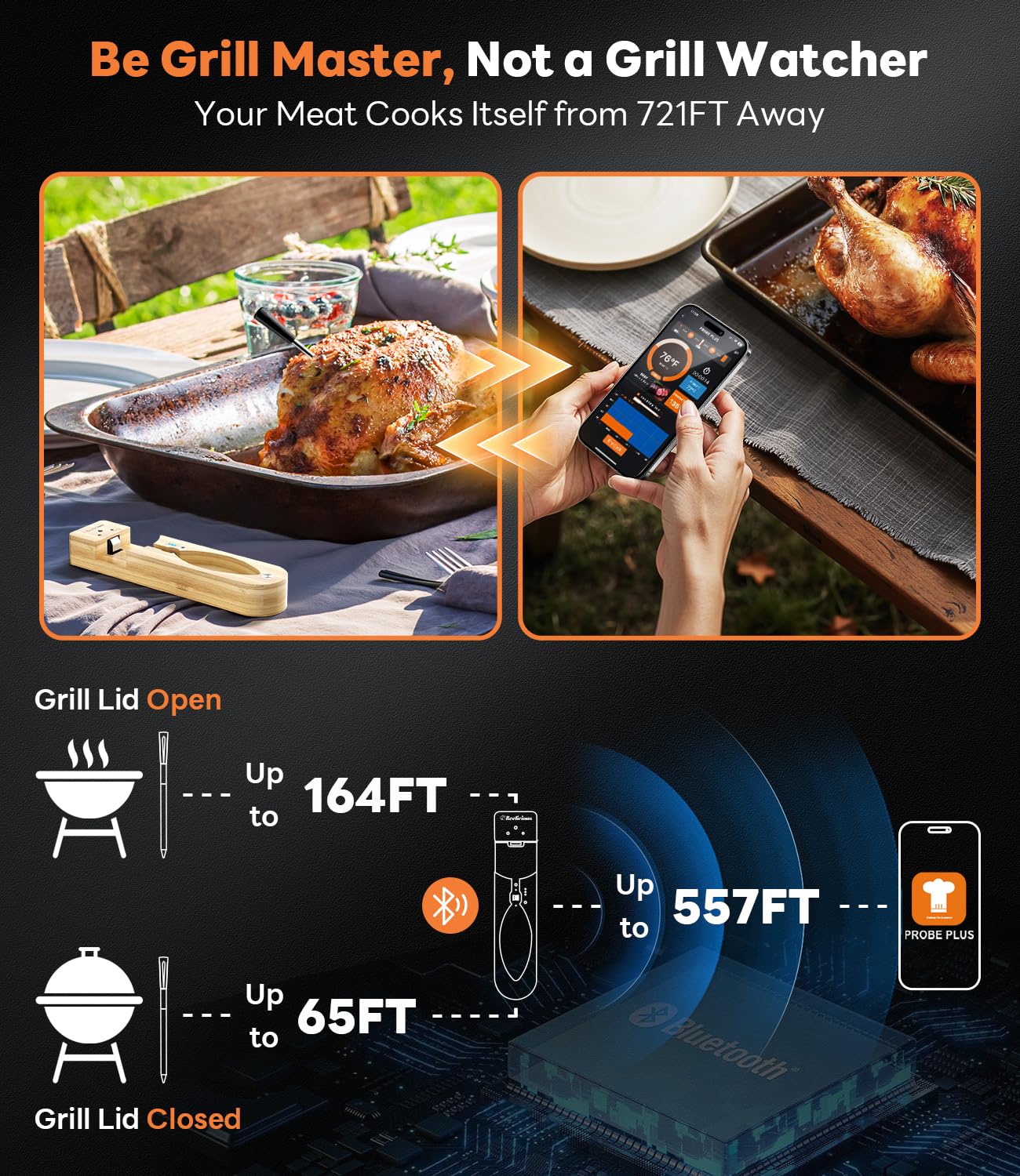 Wireless Meat Thermometer โ Bluetooth Smart Probe with ยฑ1.8โ Accuracy & 0.5s Response, IP67 Waterproof, iOS & Android Compatible for Grill, BBQ, Oven, Smoker, Air Fryer, Rotisserie