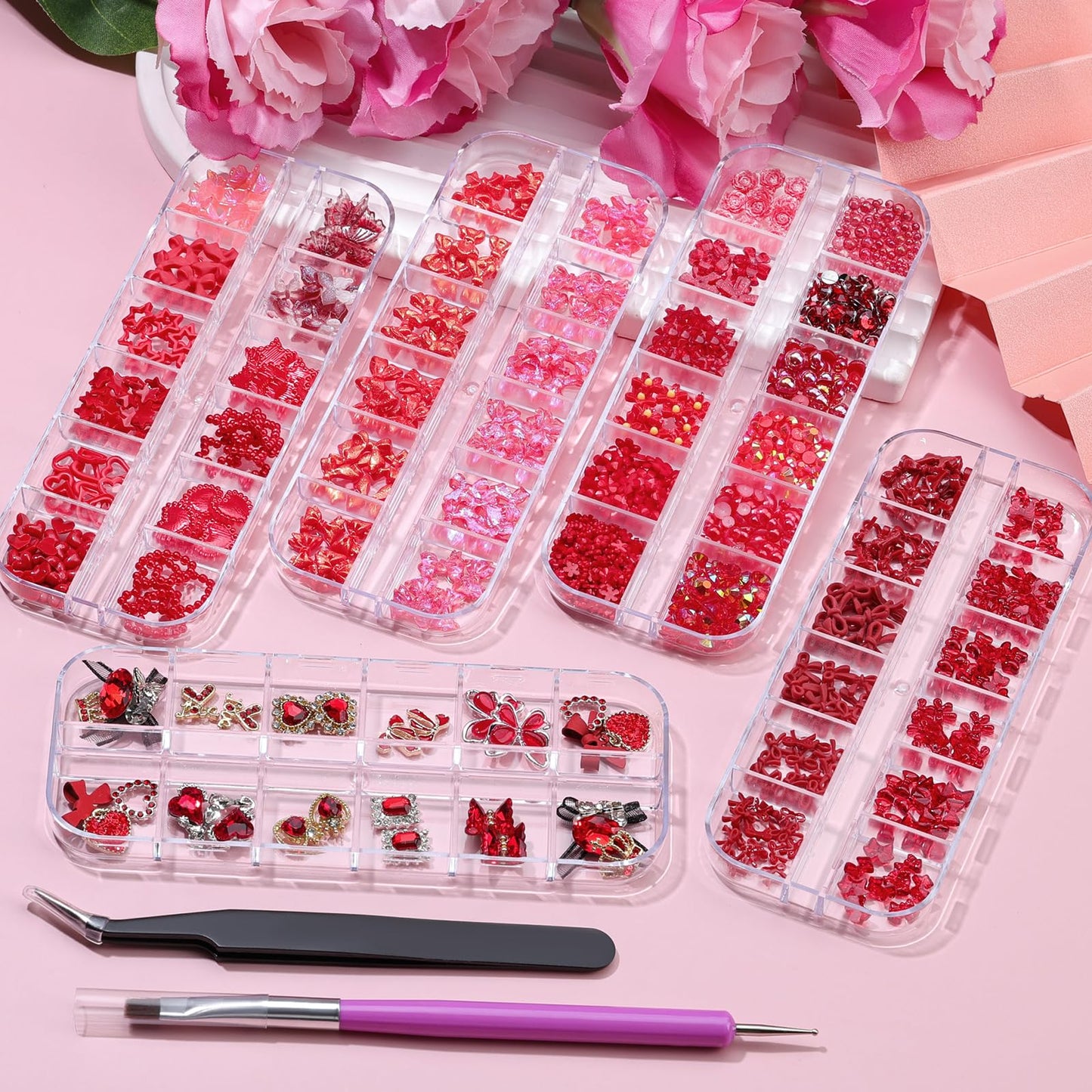 5 Boxes Nail Charms and Gems, 24Pcs Y2k Alloy Nail Art Rhinestone Charms 3D Bow Flower Crown Heart Star with Tweezers and Pick up Tools for Women Nail Design DIY Crafts Face Makeup Gems Jewels(Red)