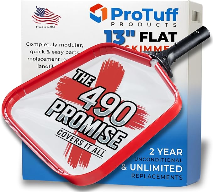 ProTuff Flat Pool Skimmer Net â 2 Year Unconditional Free Replacement â Heavy-Duty Flat Net, Fine Mesh for Leaves, Silt & Pollen â Strong Aluminum Frame, Fits Standard Telescoping Pole