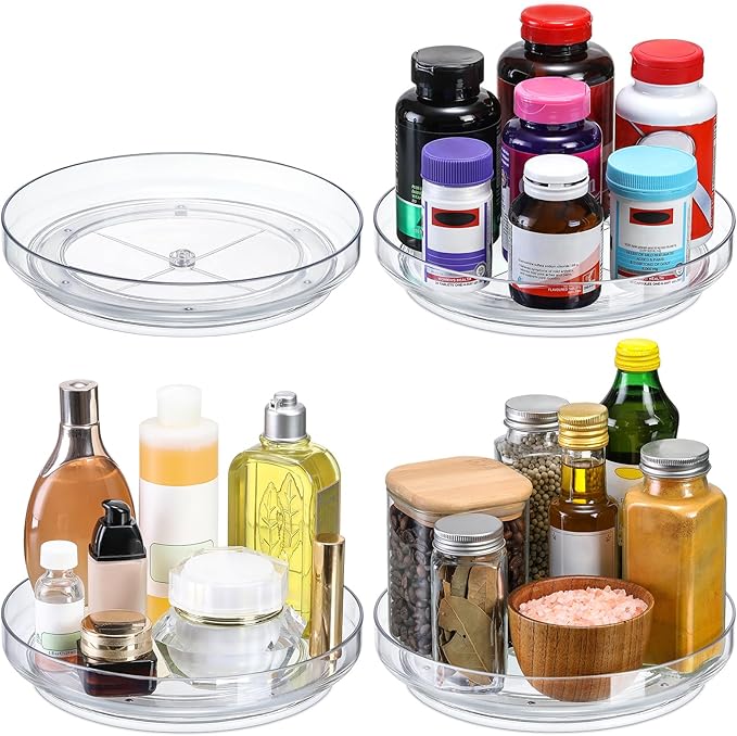 4 Pack, 10 Inch Clear Non-Skid Lazy Susan Organizers - Turntable Rack for Kitchen Cabinet, Pantry Organization and Storage, Fridge, Bathroom Closet, Vanity Countertop Makeup Organizing, Spice Rack