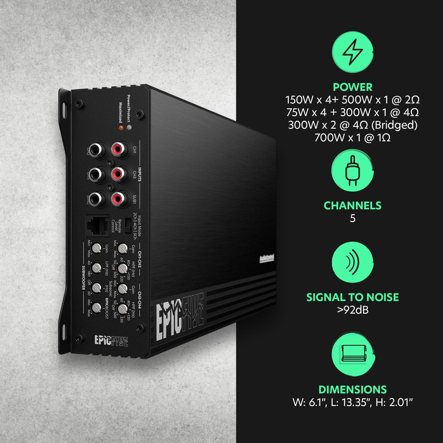 AudioControl EPICFIVE 5-Channel Amplifier Car Audio 1100W RMS, Compact Digital Class D, Includes Bass Knob, High/Low Pass & Subsonic Filter, Epic Bass Boost, Smart Auto Protection, Epicenter Link