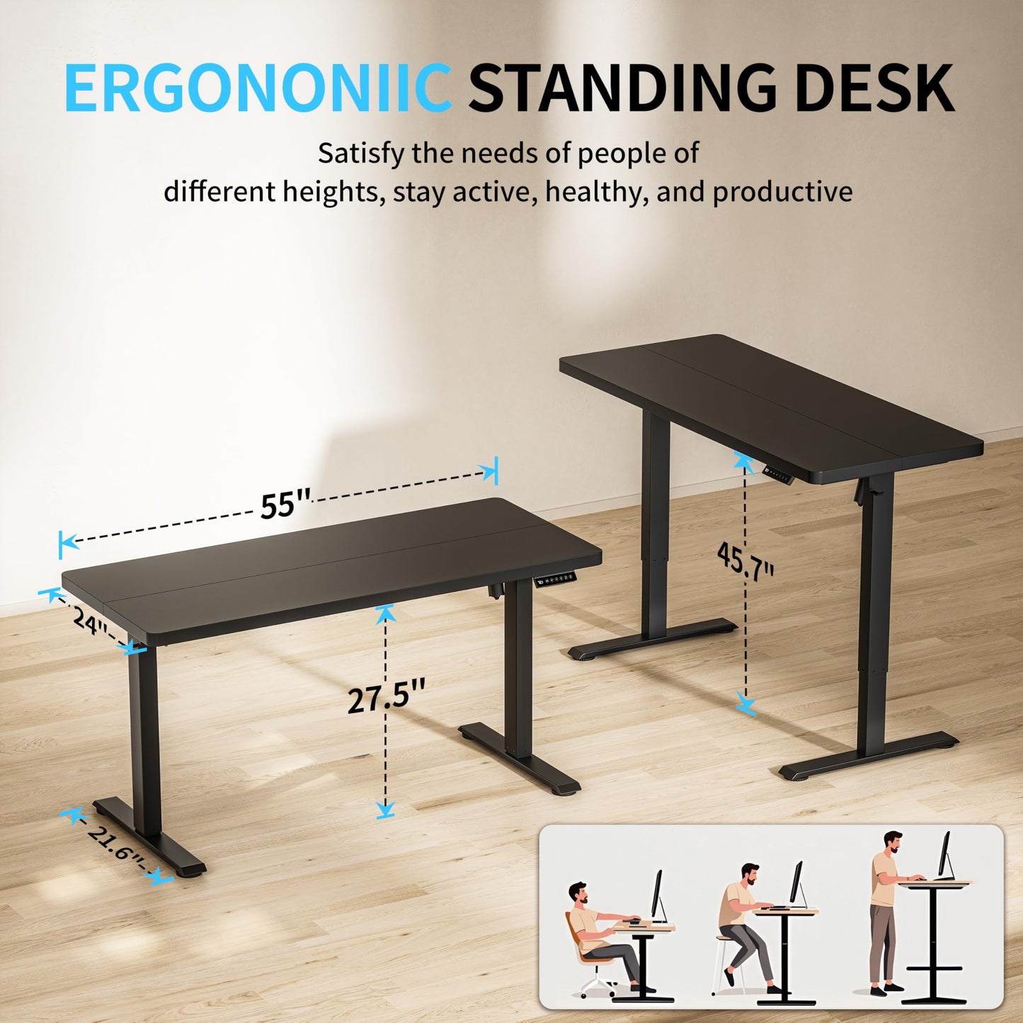 BIZUM Electric Standing Desk, 55" x 24" Height Adjustable Desk, Black Sit to Stand Desk Memory Gaming Computer Workstation for Home Office