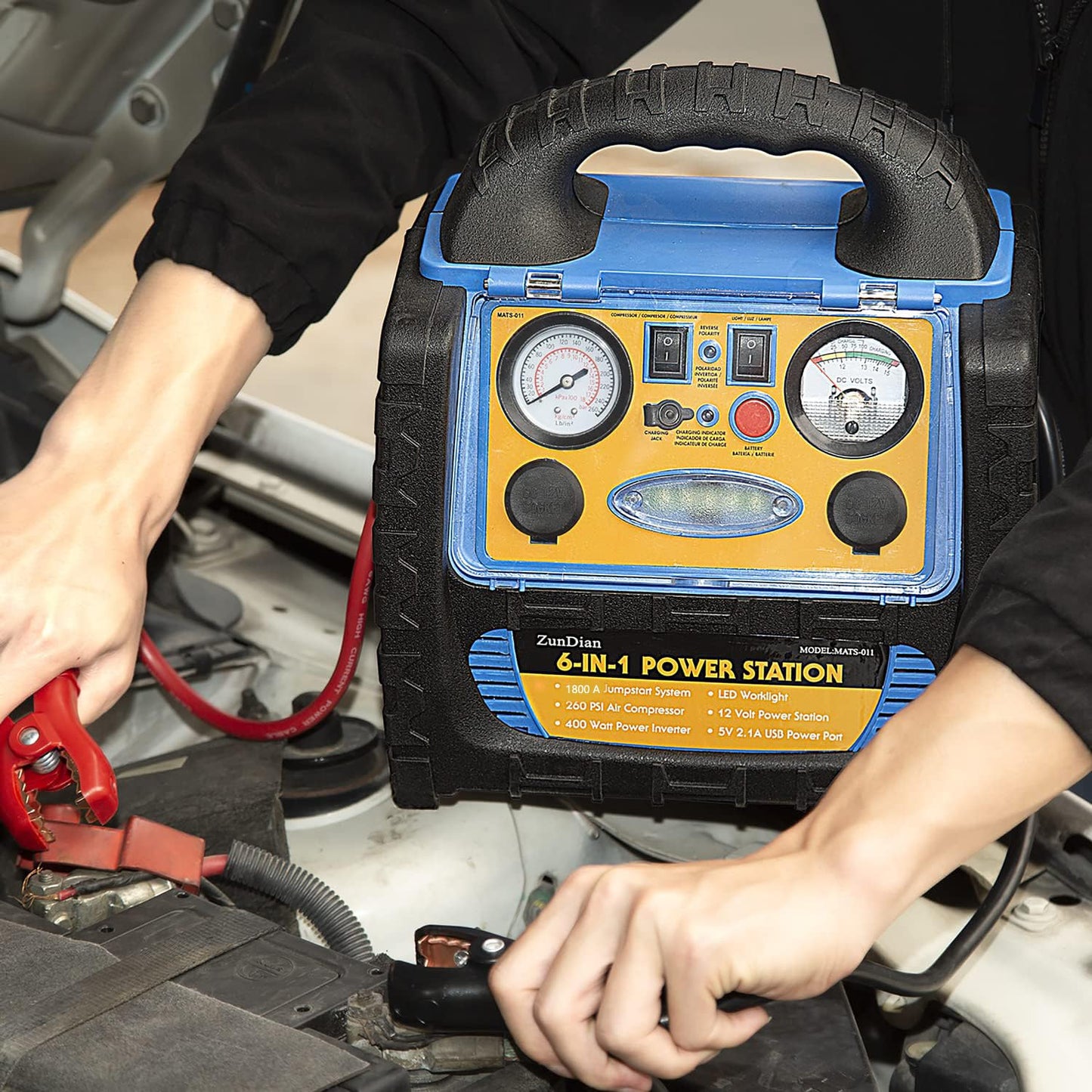 Car Jump Starter with Air Compressor, 1800A Battery Jumper Starter Portable with 260 PSI Tire Inflator, 12V Jump Box Heavy-Duty Clamps Jump Pack 400W Inverter Power with AC/DC/USB Outlets