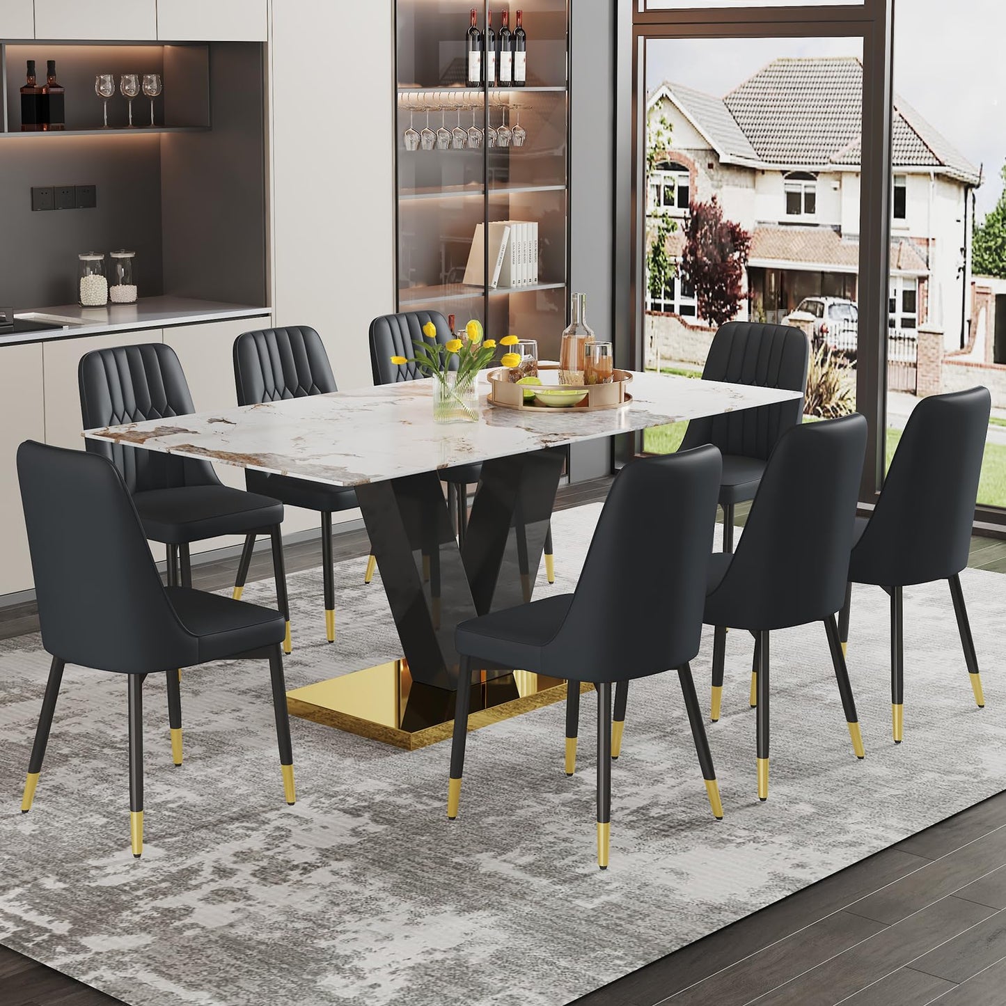 71'' Dining Table Set for 8,Marble Dining Table Set,Modern Kitchen Table with 8 PU Leather Chairs,Gold Dining Room Table Set with V-Shaped Black Glossy Pillars,Ideal for Kitchen Dining Room