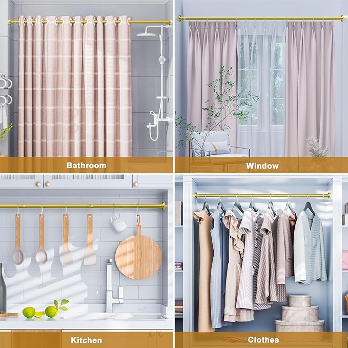 Ausemku Shower Curtain Rod 32-50 Inch Adjustable - 1 Inch Diameter Heavy Duty No drill Spring Tension Shower Rod, Non-Slip Rustproof Telescopic Rod for Bathroom, Gold