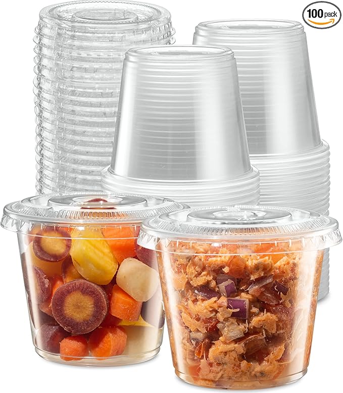 5 oz - 100 Sets Clear Diposable Plastic Portion Cups With Lids, Small Mini Containers For Portion Controll, Meal Prep, Sauce Cups, Slime, Medicine, Dressings, Crafts, Disposable Souffle Cups