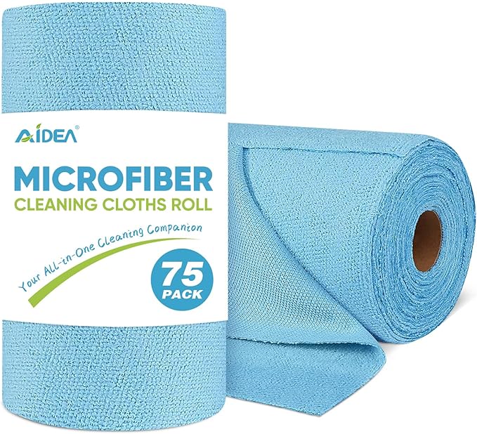 AIDEA Microfiber Cleaning Cloth Roll, 75PK, Reusable Tear Away Paper Towels, Microfiber Towels for Cars, Washable Shop Rags Blue, Lint Free Rags for House, Mechanic, Workshops, 11.5"Ã11.5"