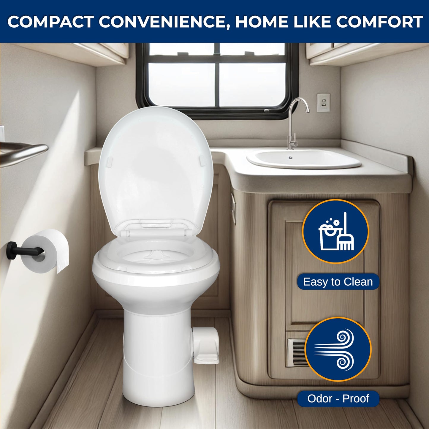 SereneLife Camper/RV Toilet – Easy Flush with Foot Pedal, Hand Sprayer, Soft-Close Seat, Leak-Proof Bowl, Odor-Free, Includes Accessories, Quick Install for RVs, Trailers, Boats & Marine Use