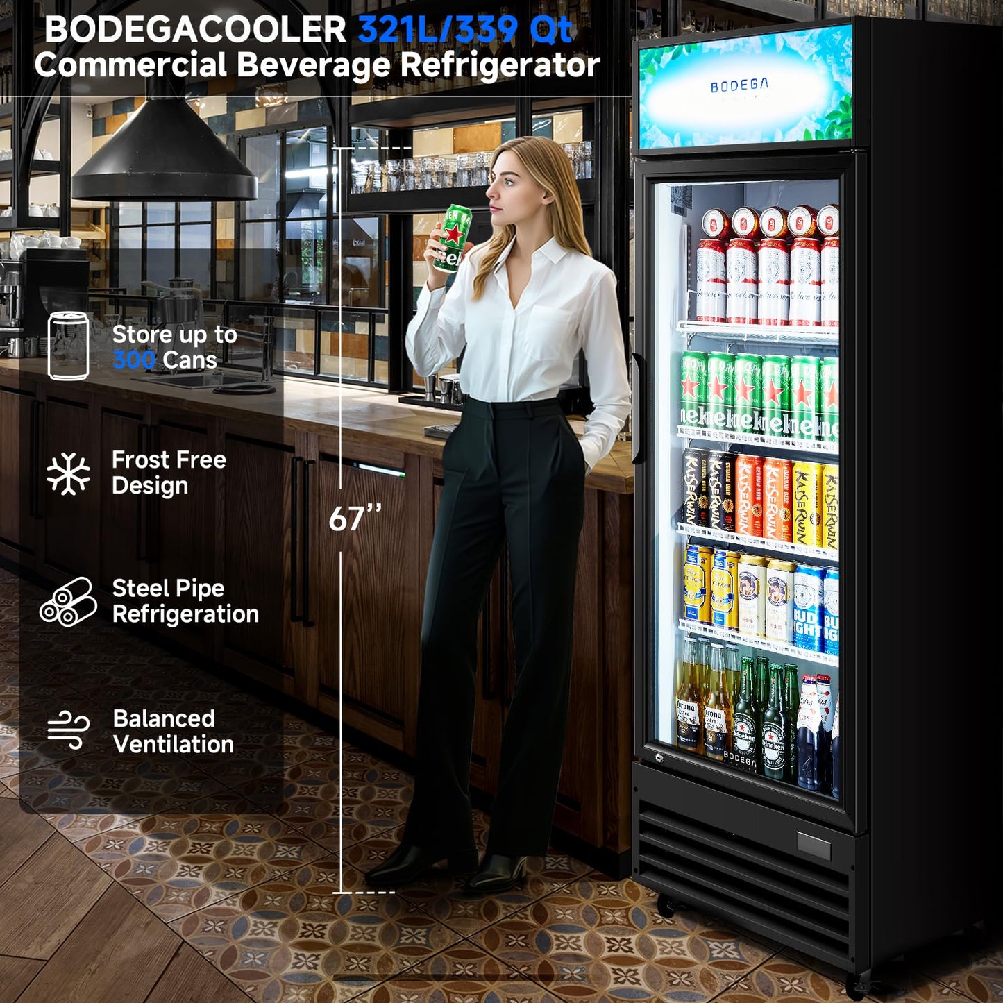 BODEGACOOLER Beverage Refrigerator, 321L/339 Qt Commercial Refrigerator For Kitchen, Home,Office and Garage, 300 Cans & 160 Bottles Display Refrigerator For Beer,Soda, Bar Cooler with Soft LED Light.