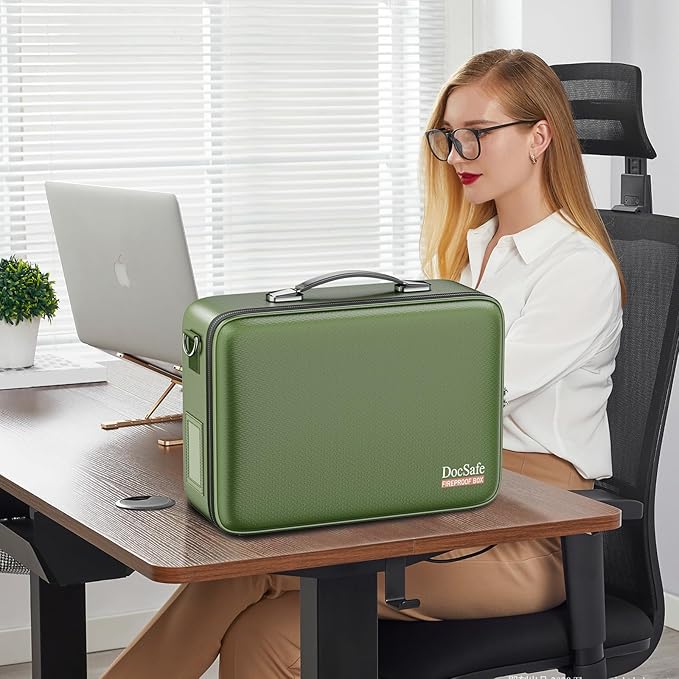 DocSafe Fireproof Document Box with Lock&Shoulder Strap,Hard Case File Organizer with Accordion File Folder,Multi-Layer Portable Home Office Travel Safe Storage for Important Documents Laptop Green