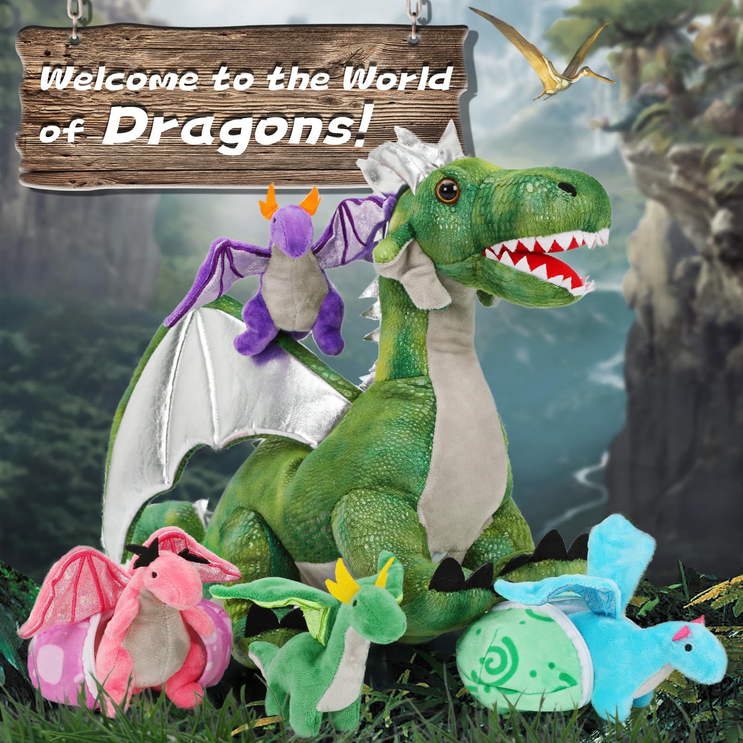 Karister 7Pcs Giant Green Dragon Plush Toy Set, 21.7" Big Mother Dragon Stuffed Animal with 4 Babies & 2 Eggs, Stuffed Dinosaurs for Kids Boys Girls, Cute Soft Plushies Gift for Birthday Christmas
