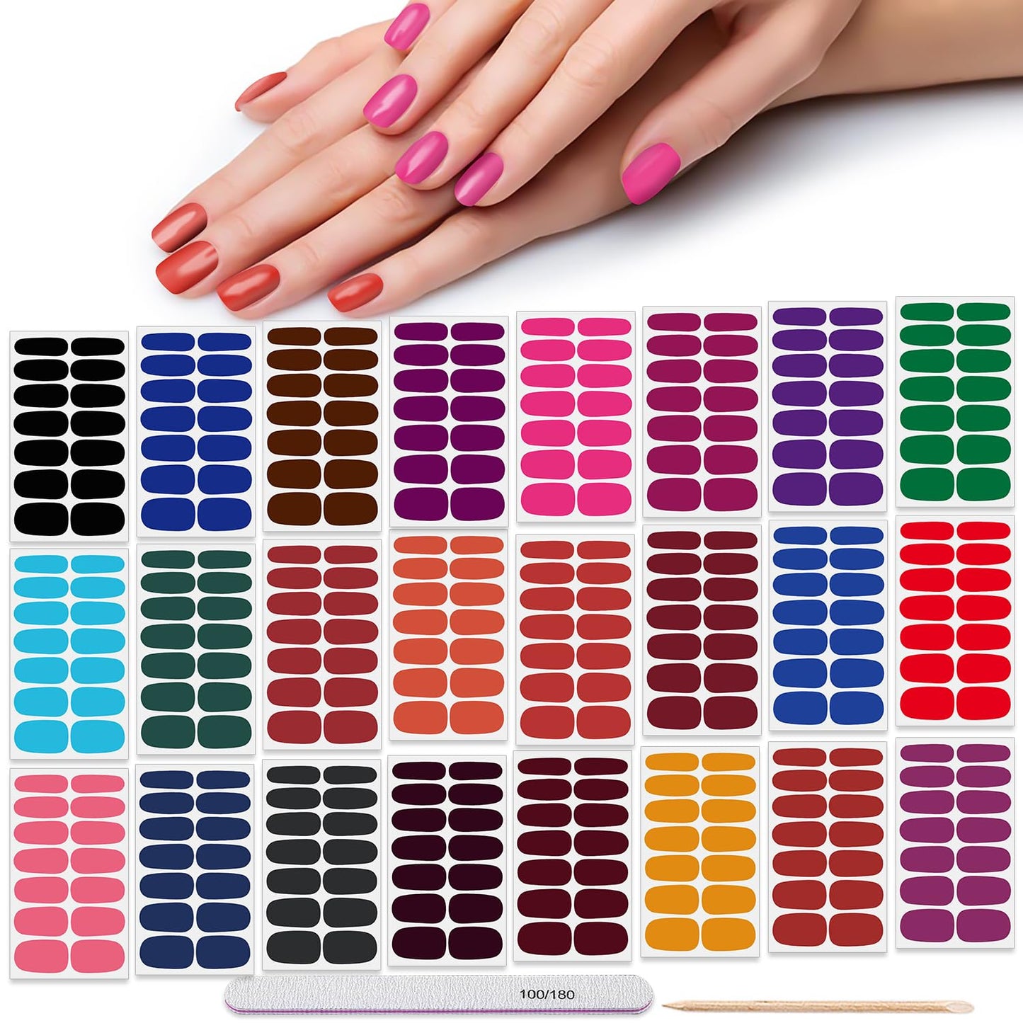 DANNEASY 336pcs/24 Sheets Nail Polish Strips, Nail Stickers Full Nail Wraps Gel Strips, UV Free | Self-Adhesive Sticker Nails for Women with 1 File, 1 Wooden Stick - Dark Solid Color