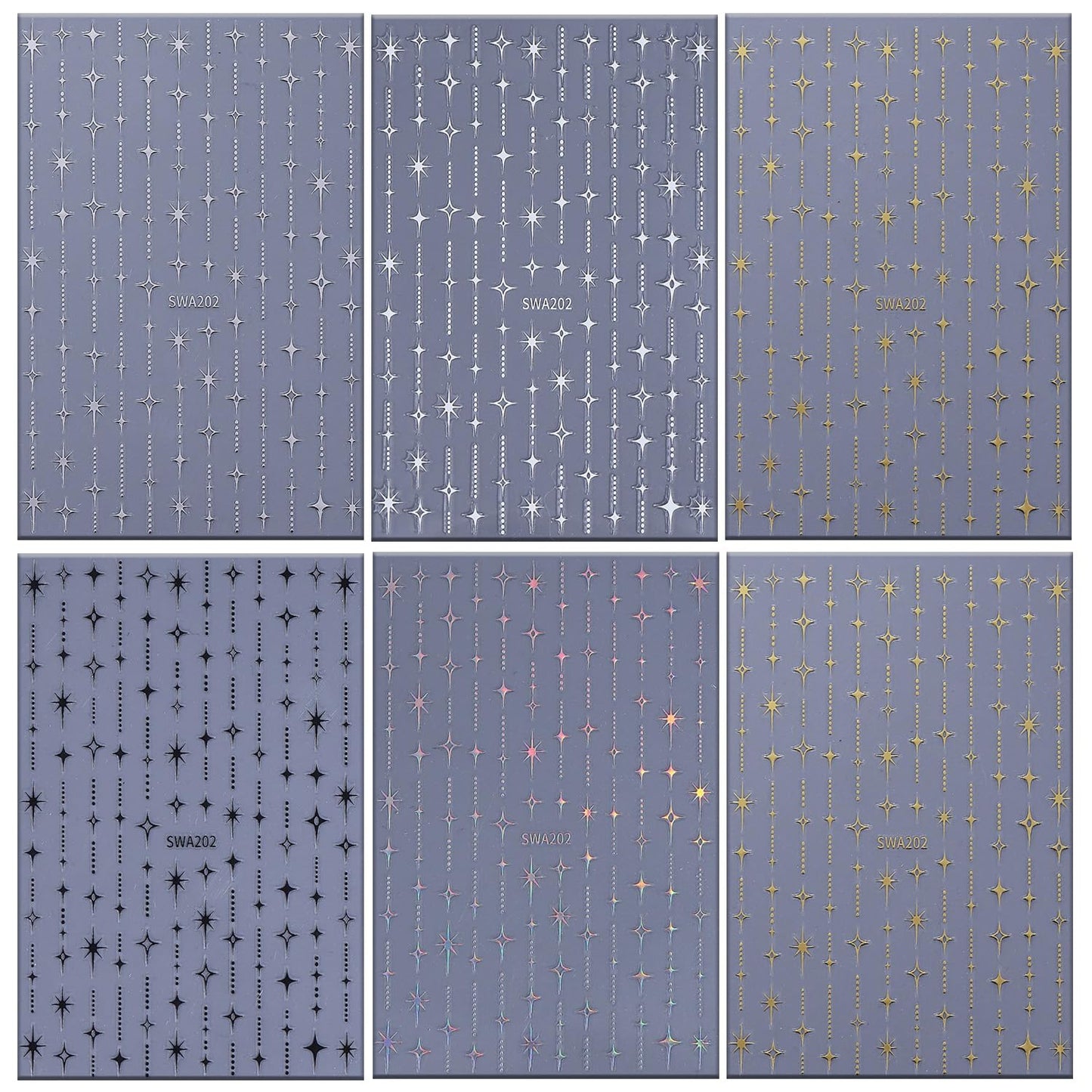 CJDLTS 6 Sheets Stars Nail Art Stickers 3D Self -Adhesive Gold Silver White Black Laser Stars Nail Decals Holographic Glitter Starlight Nails Stickers for Women Acrylic Nails Decoration Supplies