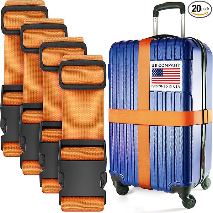 Luggage Straps for Suitcases - TSA Approved - Orange, 20 PK - Bulk Multipack Premium Nylon Belts for Suitcase, Briefcase & Travel Bag - Adjustable Strap Length 46" - 78"