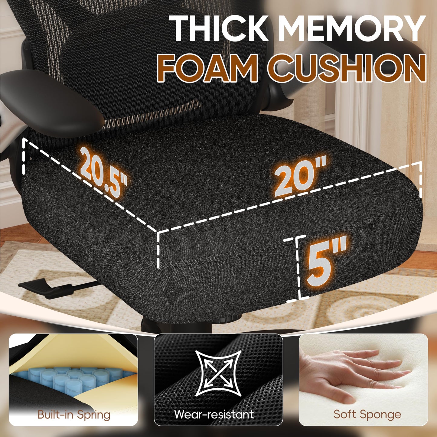 GABRYLLY Ergonomic Office Chair, Big and Tall Mesh Chair with Adjustable Lumbar Support, 5D Arms & Wide Seat, 135° Recline Home Desk Computer Chairs for Work Gaming, Heavy Duty,400LBS - Black