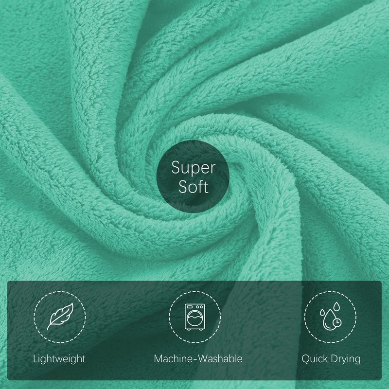 TENSTARS Luxury Silk Hemming Towel Set - Light Thin Quick Drying - 2 Bath Towels 2 Hand Towels 2 Washcloths - Ultra Soft Microfiber Towel for Bath Fitness, Sports, Yoga, Travel (Aqua Green, 6 Pieces)