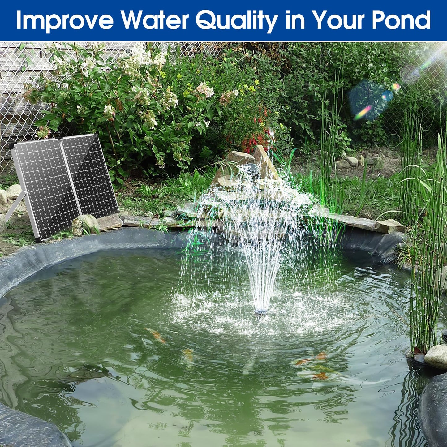 Antfraer 55W Solar Pond Filter with Water Pump, Solar Pond Filter Box with with 580GPH Pump & Fountain Kit & 6.6FT PVC Tubing for Outdoor Ponds Gardens Fountains Waterfalls Water Features