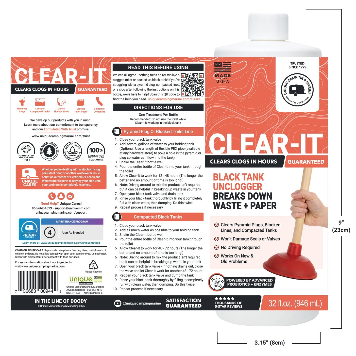Unique Clear-It RV Black Tank Unclogger Liquid – Breaks Through Pyramid Plugs, Compacted Tanks & Clogged Pipes Without Messy Tools (32 oz) Amazon-Exclusive Packaging