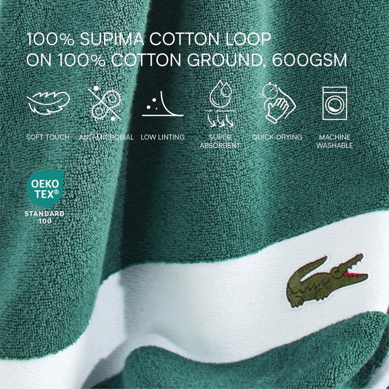 Lacoste Sport Stripe 6-Piece Luxury Cotton Towel Set – Made with 100% Soft Supima Cotton, Absorbent & Quick-Drying, Includes 2 Bath Towels, 2 Hand Towels, 2 Washcloths, Croc Green