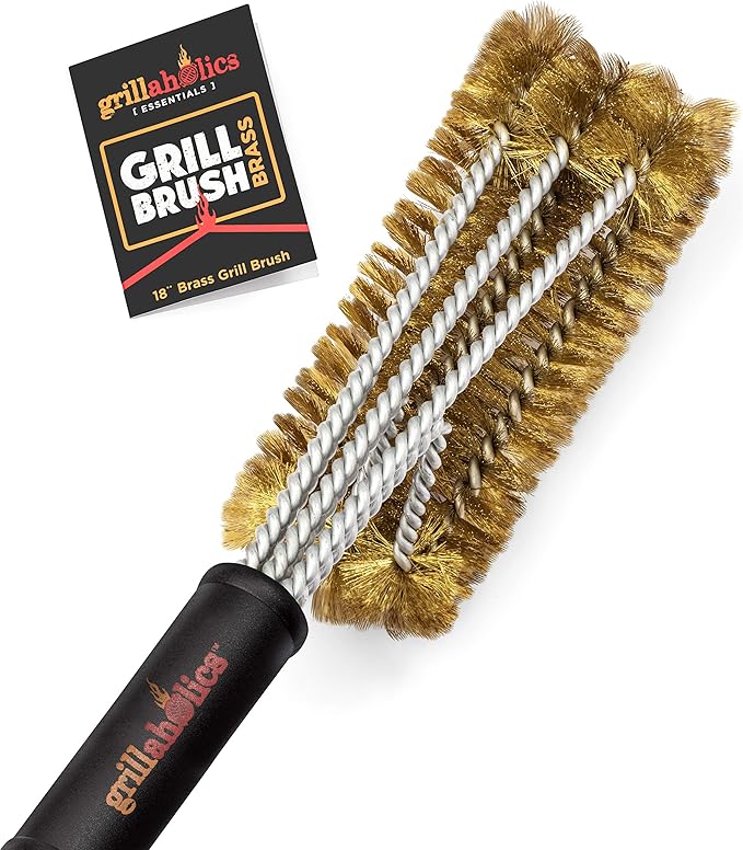 Grillaholics Brass Grill Brush â Safe BBQ Brush for Outdoor Cooking â Heavy-Duty Soft Bristle Grill Cleaning Tool for Porcelain & Ceramic Grates