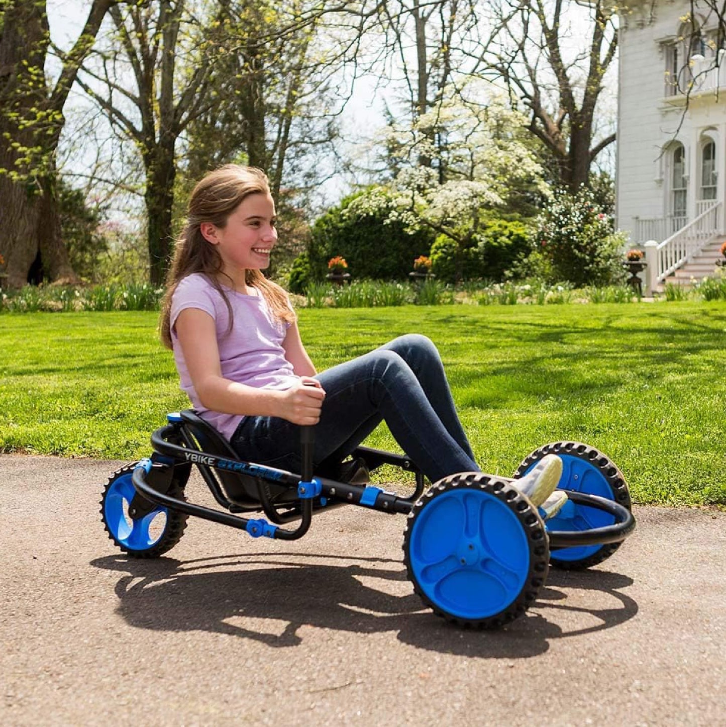 YBIKE Explorer Pedal Car - 3-Wheel Go Kart for Kids, Ride On Toys for Girls and Boys, Ages 4 & Up, Steer with Handles, Adjustable Frame & Seat, Up to 155 lbs, Blue & Black