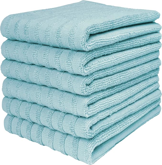 Premium Kitchen Towels (20âx 28â, 6 Pack) | Large Cotton Dish Towels 450 GSM | Highly Absorbent Terry Kitchen Linen Set with Hanging Loop | Aqua Solid