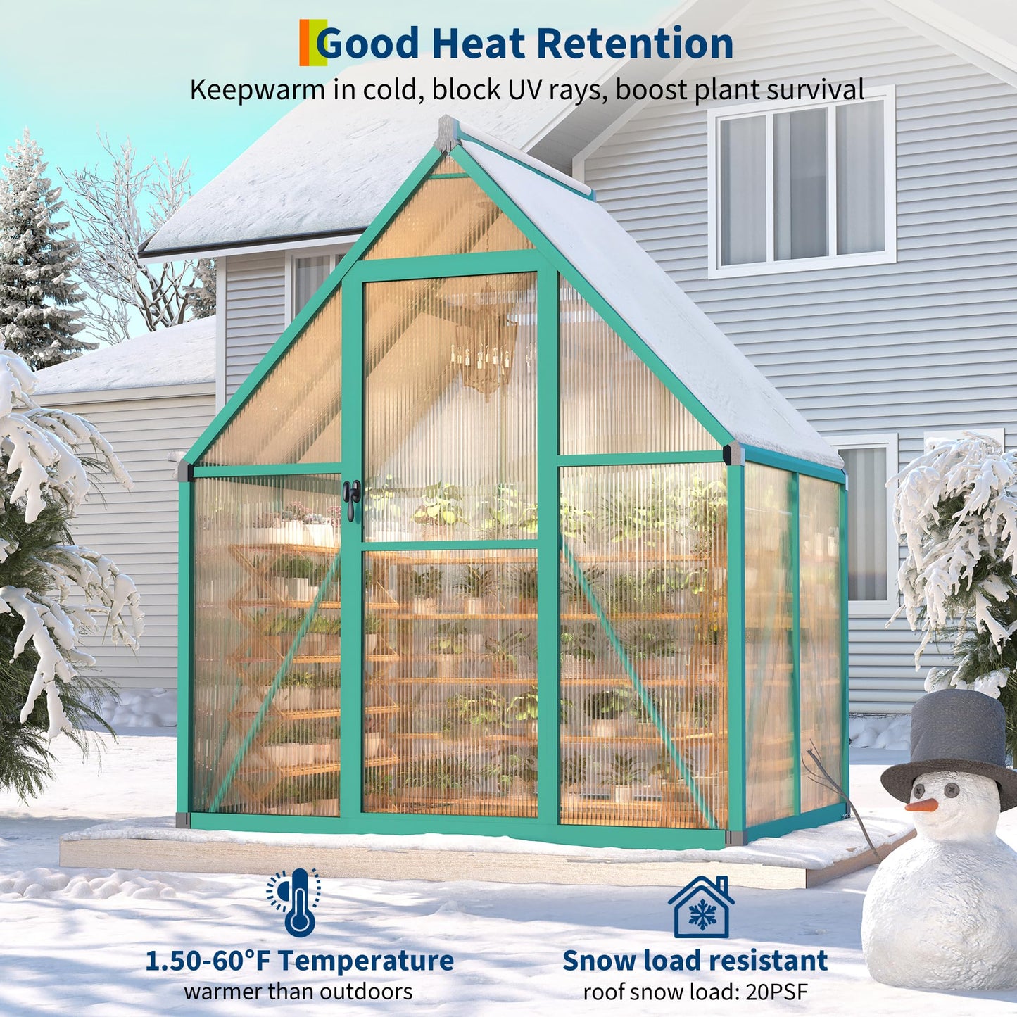 GarveeHome 6×4 FT Outdoor Greenhouse, Large Walk in Greenhouses for Outdoors and Garden Planting, Polycarbonate Green House with Enhanced Aluminum Frame and W/Lockable Push Door, Green