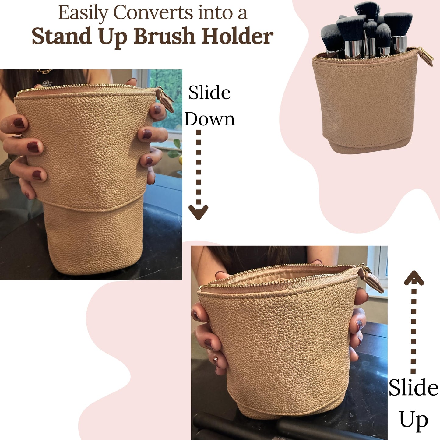 JAZD Travel Makeup Brush Bag Standup Brush Holder Portable Convertible Make up Brush Pouch Cosmetic Case (BURGUNDY)