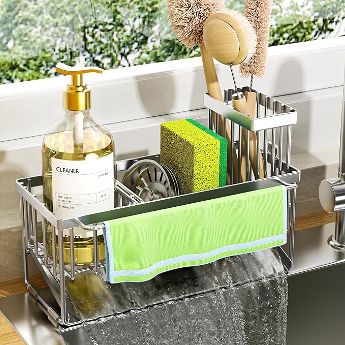 Cisily Kitchen Sink Caddy Organzier with High Brush Holder, Sponge Holder for Sink, 304 Rustproof Stainless, Kitchen Countertop Soap Dispenser Organizer (Silver With Towel Rack, 9.25â³)