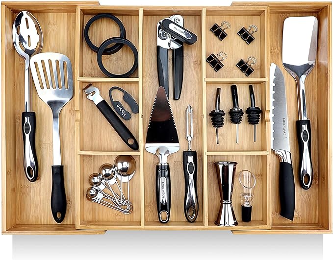 Pristine Bamboo Expandable Drawer Organizers for Kitchen - Extra Deep Non-Slip 17â x 14.6â (expands up to 25 inches) - Dark Wooden Silverware Divider (10 Compartments) â Organize Cooking Utensils