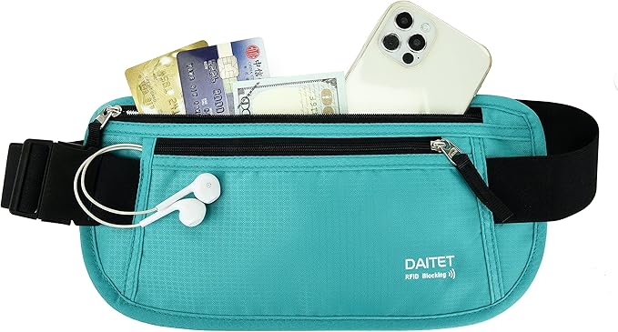 RFID Blocking Money Belt for Men Women, Slim Fanny Pack for Travelï¼ÂRunning,Conceal Waist Wallet for Passport Holder,Phone,Cash(Black Mint Green)