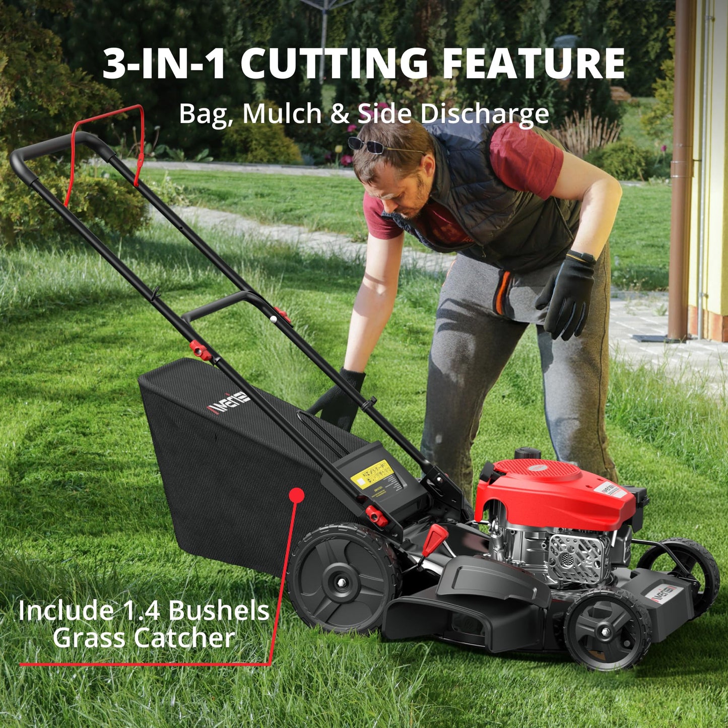 AMERISUN 21-Inch 3-in-1 Gas Push Lawn Mower with 144cc 4-Stroke OHV Engine, 6-Position Adjustable Cutting Height, Large 1.4 Bushel Grass Catcher, Side Discharge & Mulching, Lightweight Easy Storage