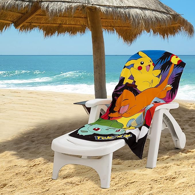 NORTHWEST Pokemon Beach Towel, Pikachu Charmander Squirtle Bulbasaur, Soft and Absorbent 30" x 60", Sunset Pokemon (Pack of 6)