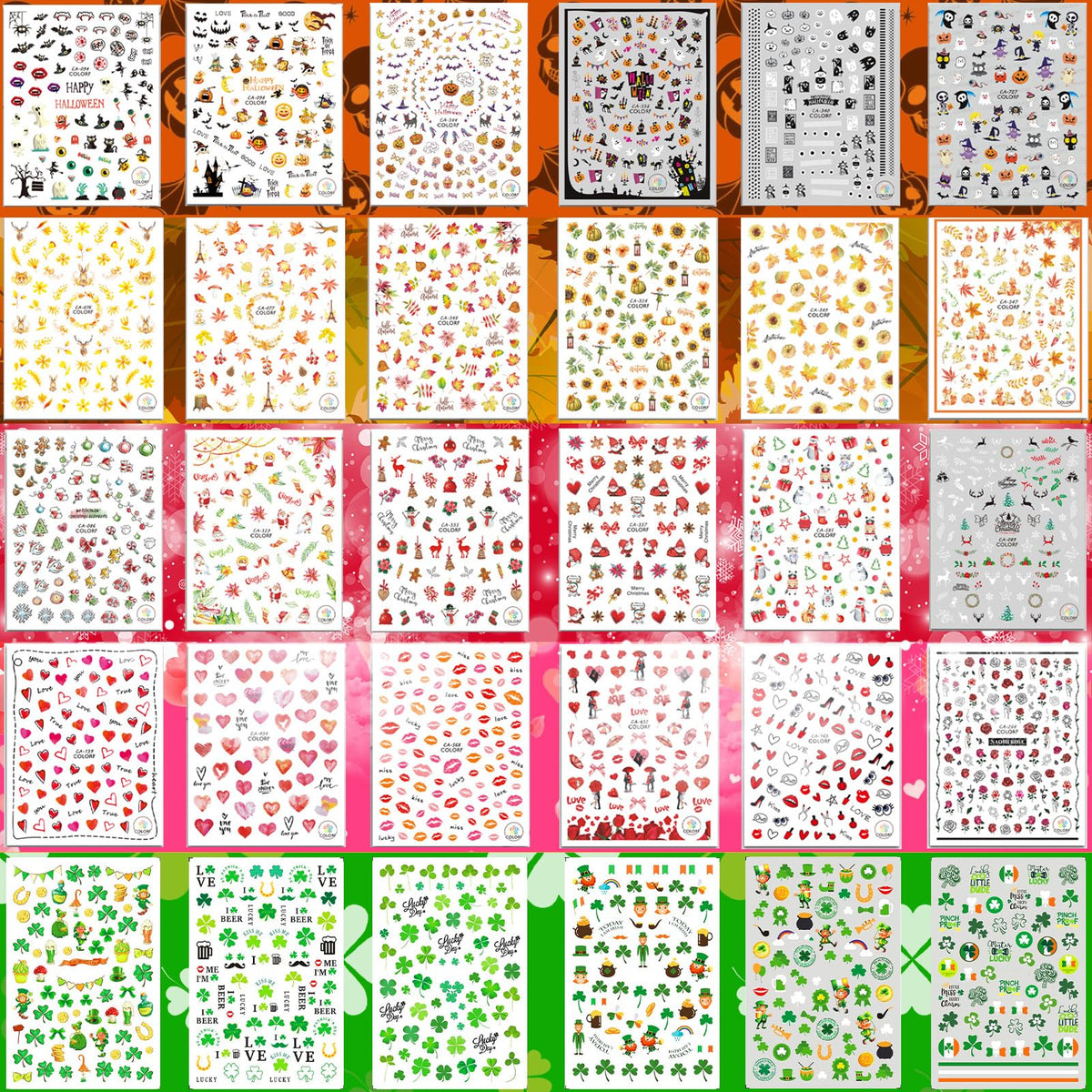 30 Sheets Fall All Holiday Nail Stickers, Autumn Halloween Christmas Thanksgiving Valentine's St. Patrick's Day Nail Art Decals Mixed All Season Set, Self-Adhesive Year-Round Manicure Decorations