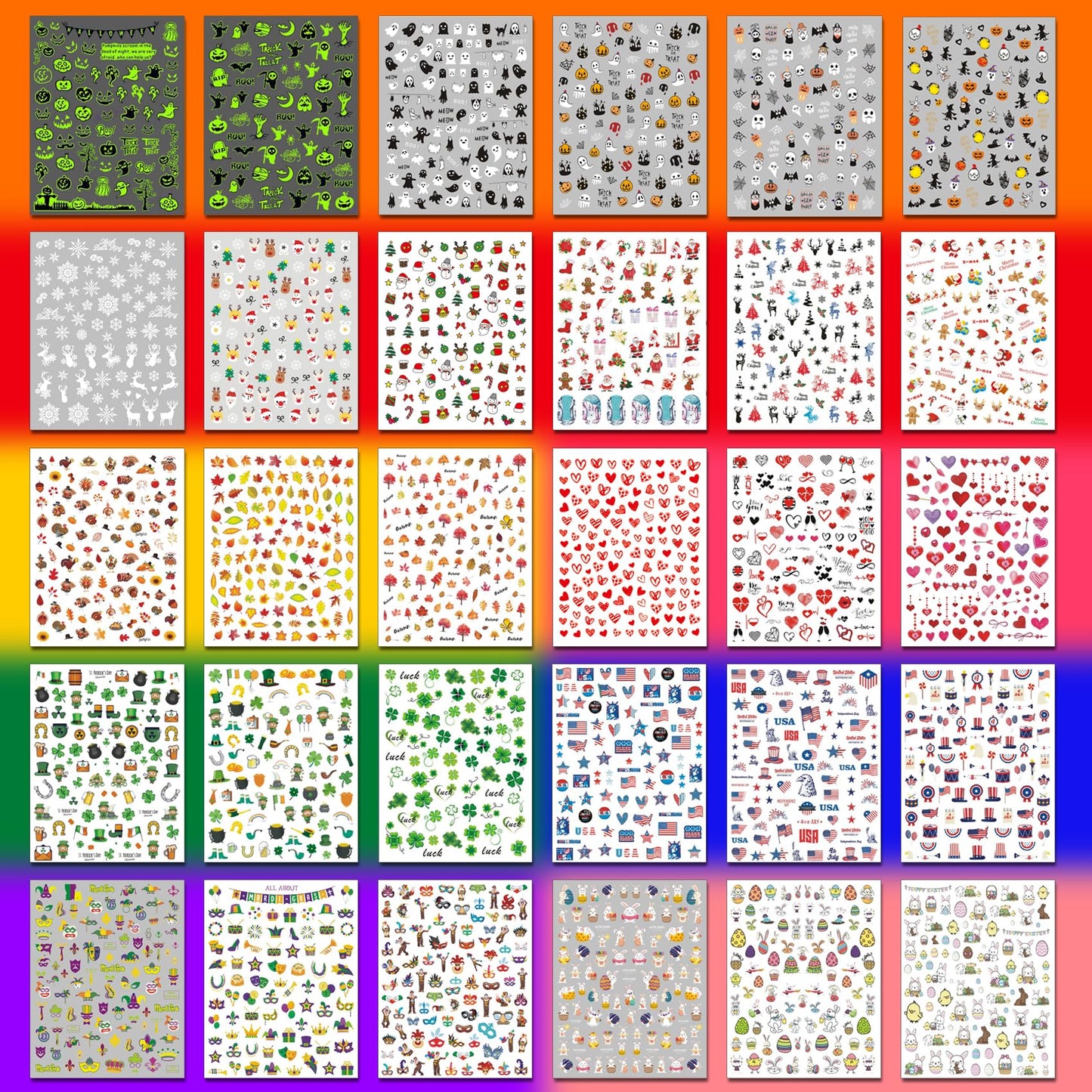 IDDFEVE 30 Sheets 8 Holiday Nail Art Stickers, Variety Pack All Season Nail Decals for All Year, Self-Adhesive Pegatinas Uñas 4th of July Halloween Fall Christmas Valentine St. Patrick's