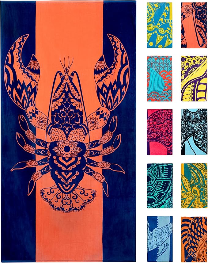 Nova Blue Lobster Beach Towel (34 X 63) - Solid Color Beach Towel Made from 100% Cotton â Coral Stripe Large Beach Towels with Tropical Design â Extra Large, XL Beach Blanket