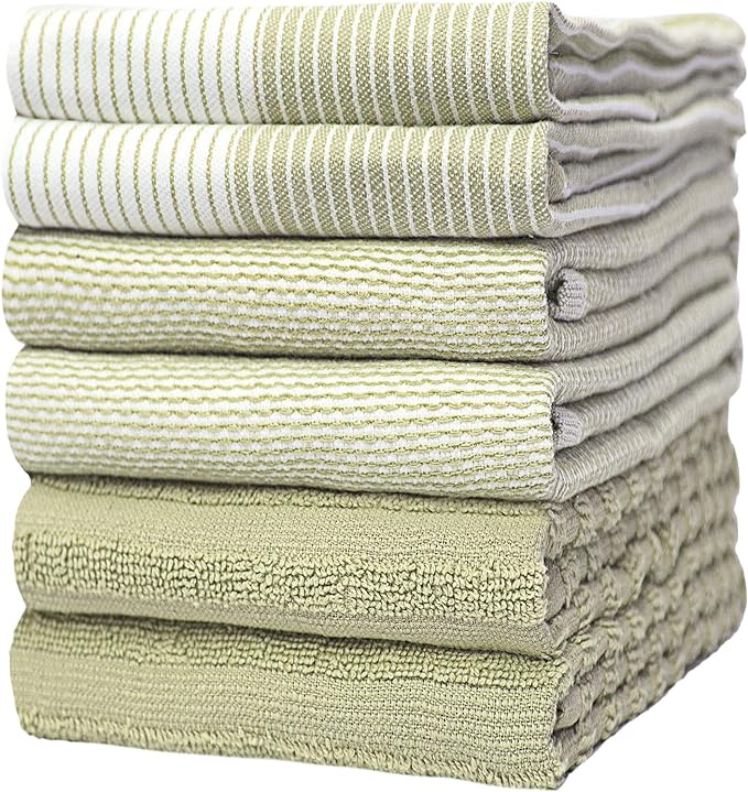 Premium Kitchen Towels (20âx 28â, 6 Pack) | Large Cotton Dish Towels | Flat & Terry Highly Absorbent Kitchen Linen Set with Hanging Loop | Sage