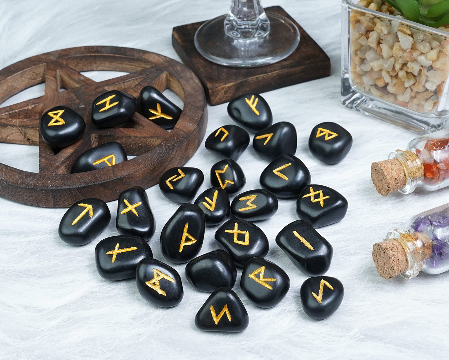 Crocon Black Tourmaline Gemstone Elder Futhark Alphabet Engraved Symbol Rune Stone 25 pcs Set for Feng Shui Chakra Balancing Reiki Healing Spiritual Metaphysical Size: 2025 mm