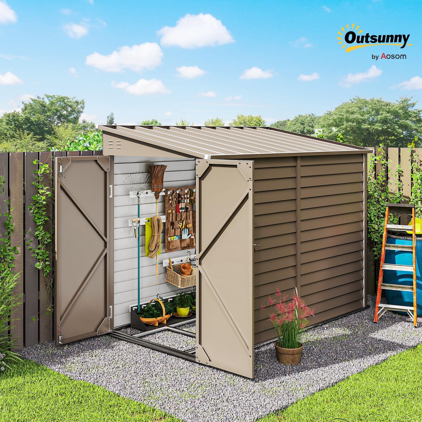 Outsunny 4.6' x 9' Steel Outdoor Storage Shed, Lean to Shed, Metal Tool House with Foundation Kit, Lockable Doors, Gloves and 2 Air Vents for Backyard, Patio, Lawn, Brown