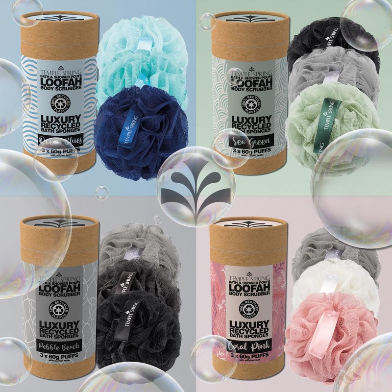 Temple Spring Shower Loofah for Men 3-Pack (60g Each) — Dense Mesh Body Scrubber for Rich Lather and Deep Clean, Exfoliating Bath Sponge, 100% Recycled Materials with Suction Hook