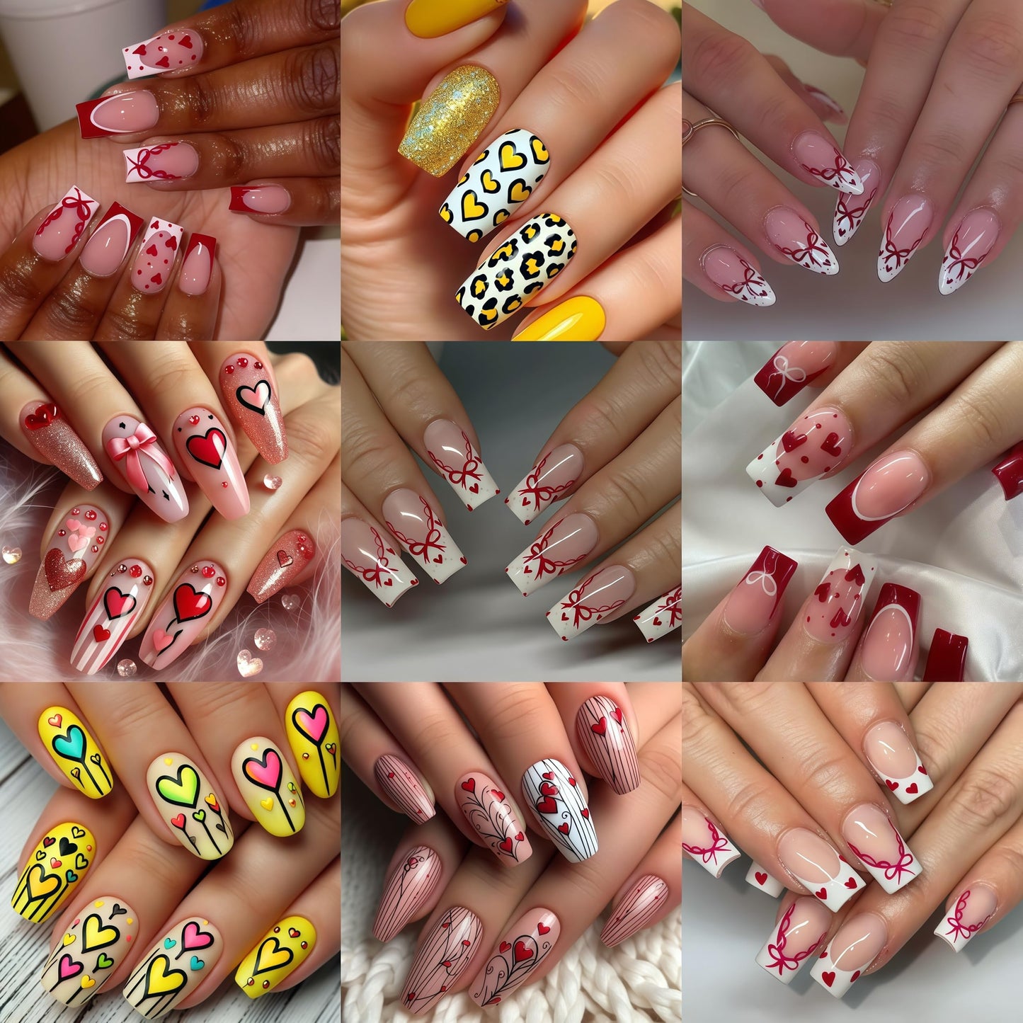 8 Sheets Heart Bows Nail Art Stickers Valentines Day 3D Self Adhesive Hearts Nail Sticker Heart Love Red Bow Tie Nail Design Comic Heart French Tip Line Manicure Accessories for Women Nail Decoration