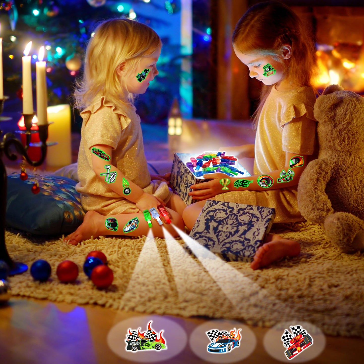 72 PCS Race Car Party Favors β 48 PCS Tattoos & 24 PCS LED Finger Lights Combo β Birthday Goodie Bag Fillers, Party Supplies, Gifts Light Up Toys Glow In The Dark for Boys and Girls